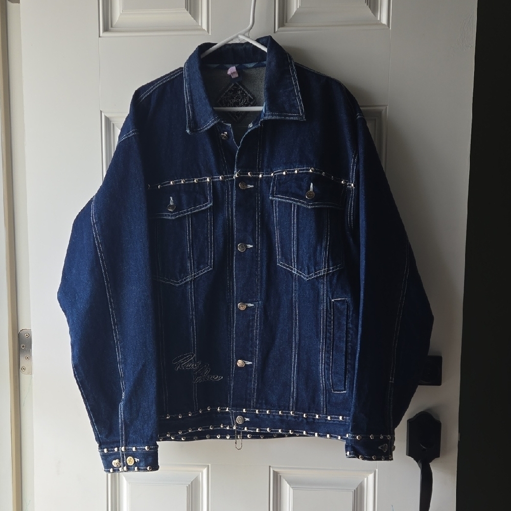 Raw Blue Denim Jacket With Tiger Embroidery